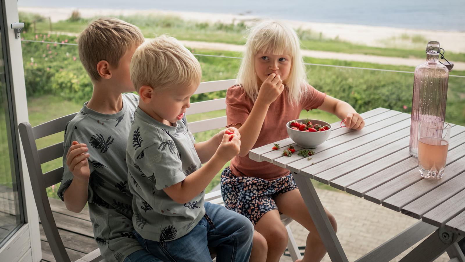 Børn spiser jordbær i sommerhus i Hasmark