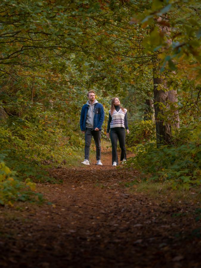 Par går tur ved Flyvesandet Strand og skov i efterår