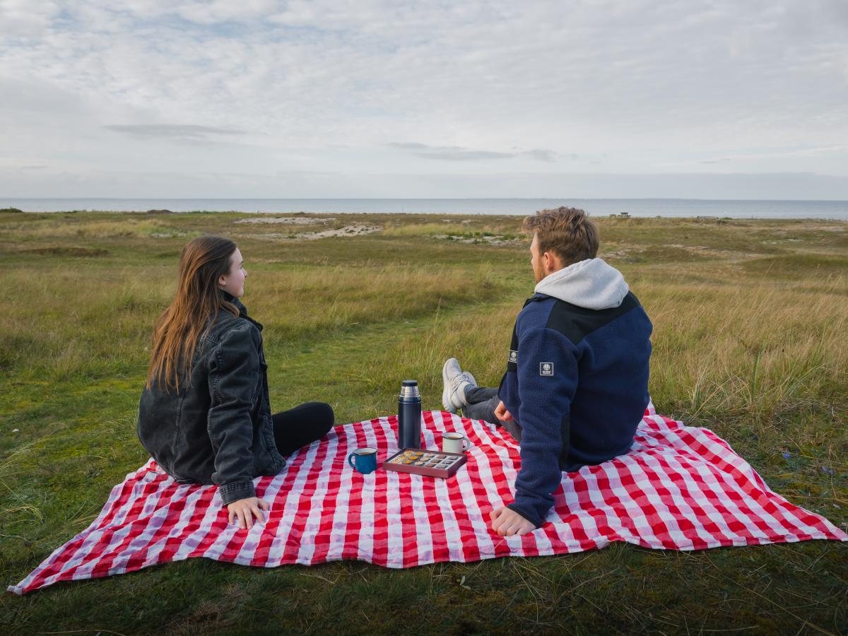Par nyder en picnic i solnedgangen ved Flyvesandet Strand