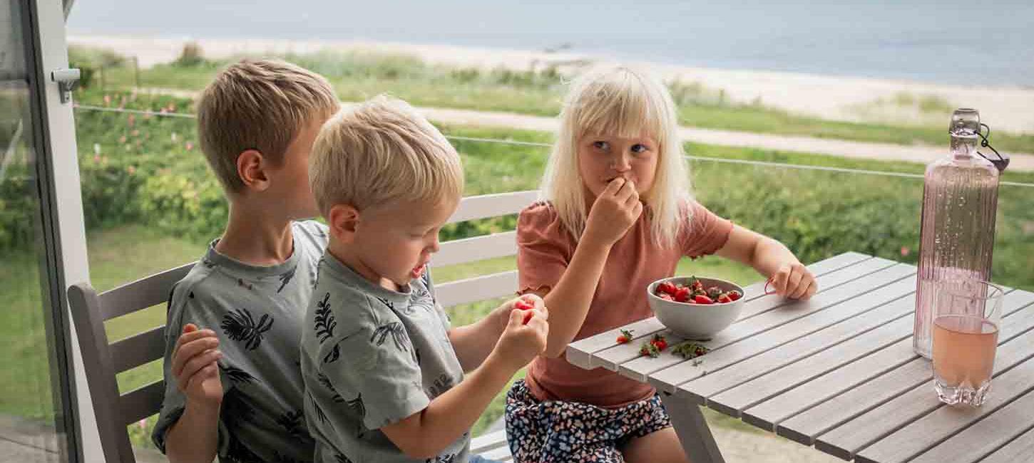 two little boys and a little girl eating strawberries on the balcony of a holiday home
