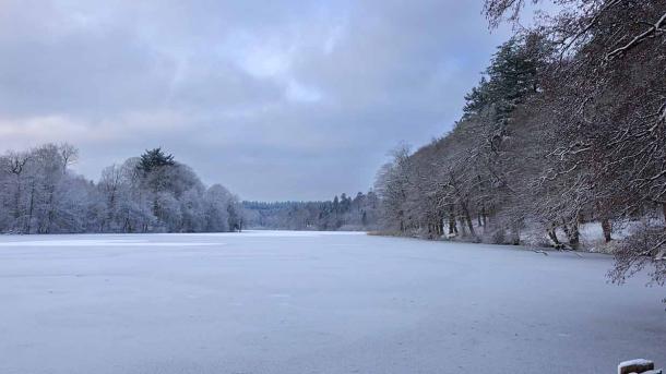 Langesø in winter with snow on the path and trees and ice on the lake