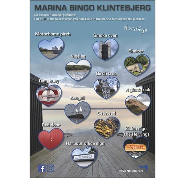 Illustration of the bingo card for the scavenger hunt at Klintebjerg Marina
