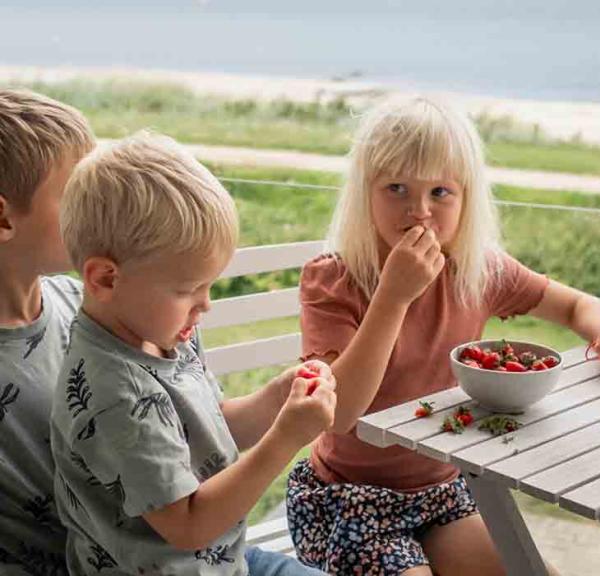 two little boys and a little girl eating strawberries on the balcony of a holiday home