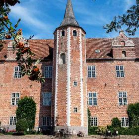 Harridslevgaard Castle with the tower in the middle seen from the inner courtyard